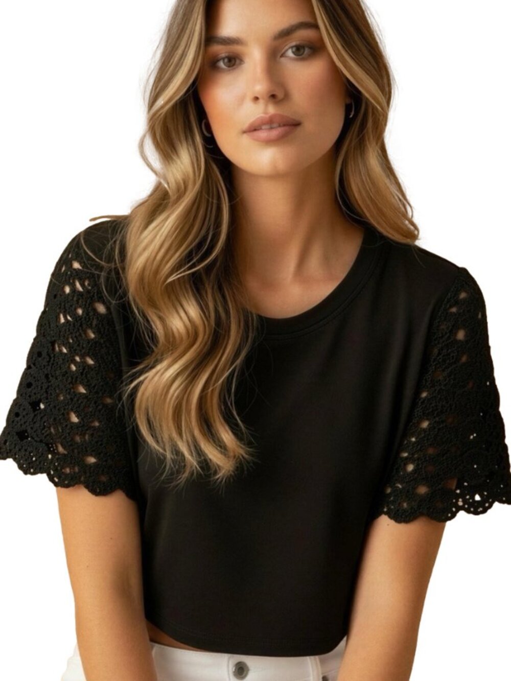 Crochet Sleeves Black Crop Tee Shirt Women's Size Medium Boxy Boho Chic